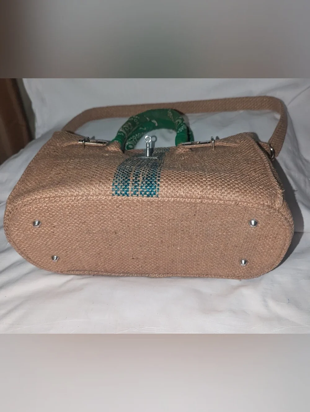 Woven Paris Jute Burlap Satchel Bag with Green Bandana Wrapped Handles Accent